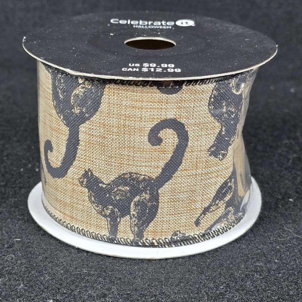 New Celebrate It Halloween Tan Wired Ribbon Black Cat 2.5in x 6.6yds